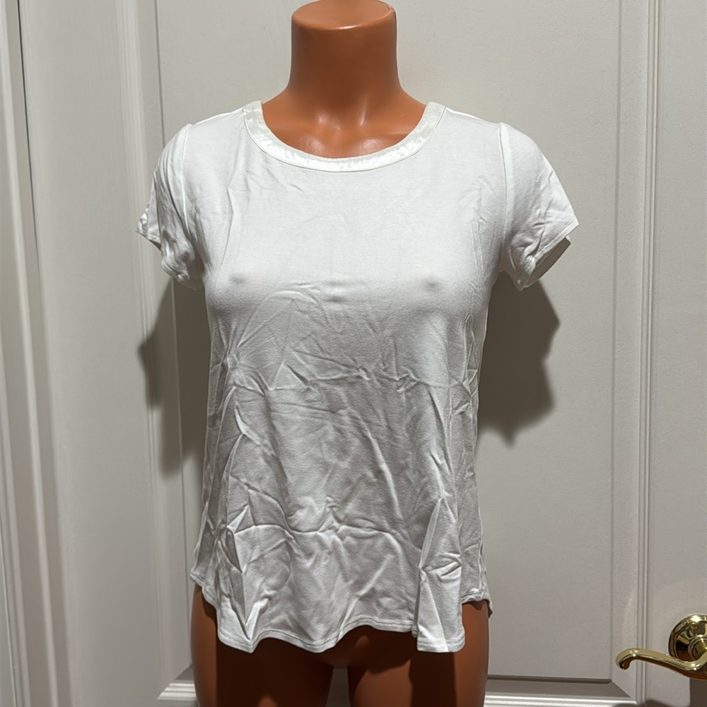 ALFANI Satin-Trim High-Low T-Shirt Soft White PS SP Petite Small NWT $35